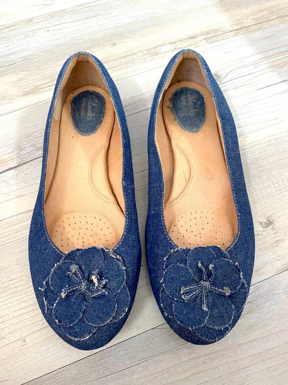 Clarks Denim Material Flower Detail Flats Size 10